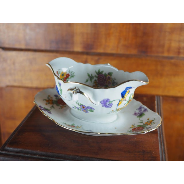 Early 20th French Limoges Sauce Boat With Kingfisher and Flower Decoration For Sale - Image 6 of 13