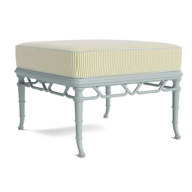 Brown Jordan Calcutta Ottoman in Harbor with Peal Green Stripe and Artic Welt Cushions For Sale