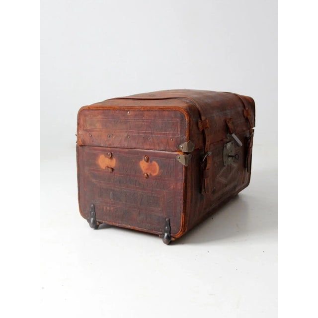 Brown Antique Leather Trunk For Sale - Image 8 of 13