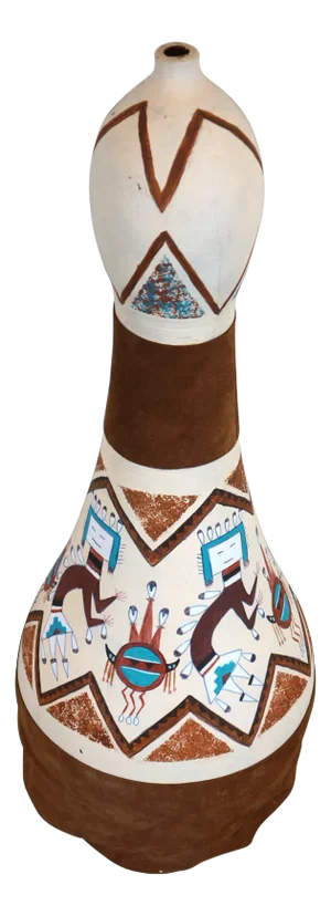 Mid 20th Century Southwestern Mexican Clay Pottery Kachina Figures Gourd Vase Vessel