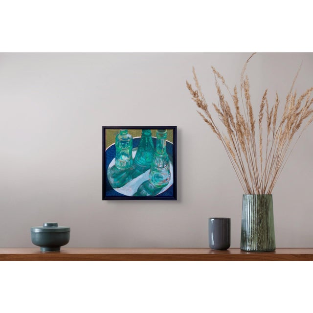 Early 21st Century Captivate by Tracy Wall | Oil on canvas Still life of three green glass bottles on a plate For Sale - Image 5 of 5