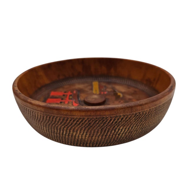 Mid 20th Century Japanese Carved Wooden Nut Bowl With Torii Temple Motif, 8" For Sale - Image 5 of 7