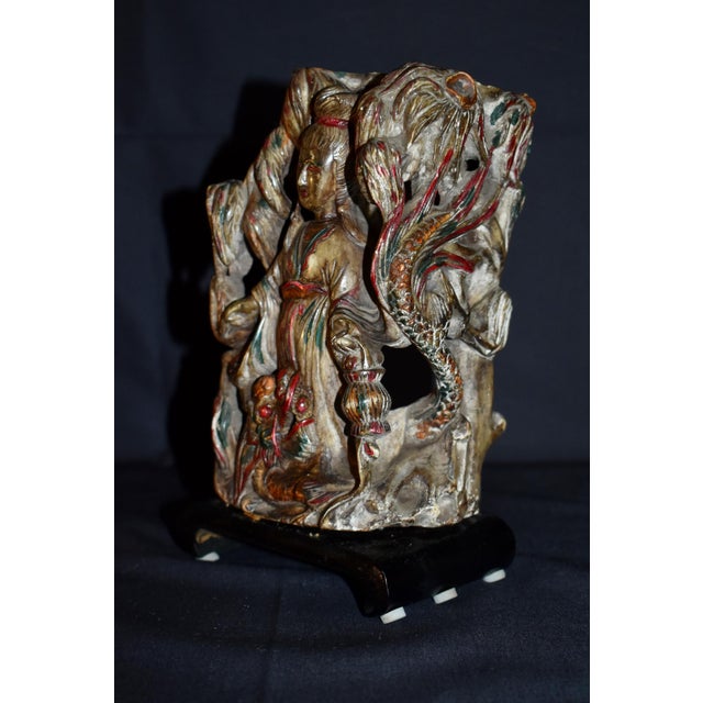 1960s Vtg. Carved Asian Style Soapstone Goddess Statue on Wood Base For Sale - Image 5 of 15