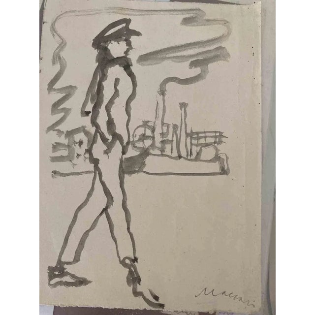 Figure with Industrial Landscape is a Watercolour Drawing realized by Mino Maccari (1924-1989) in 1960s. Hand signed on...
