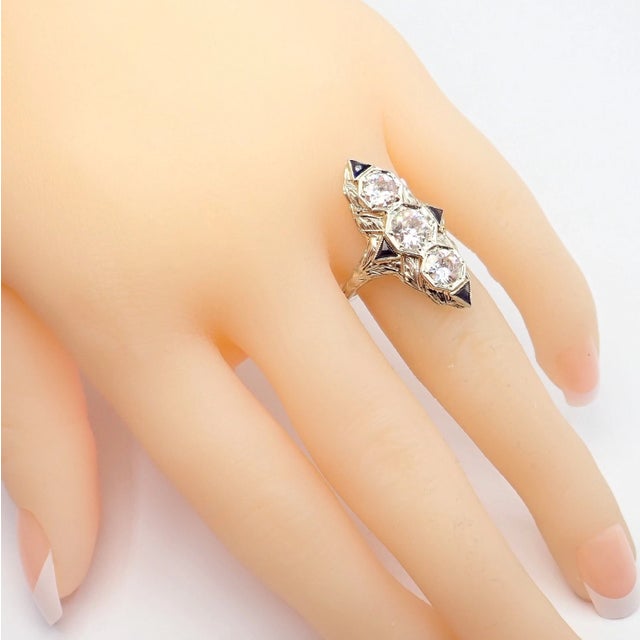 Metal Vintage Estate White Gold Diamond Sapphire Art Deco Ring, Size 7 For Sale - Image 7 of 11