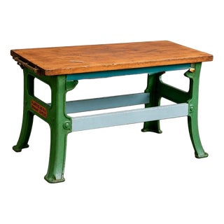 Vintage Industrial Butchers Block Kitchen Island with Cast Iron Base For Sale