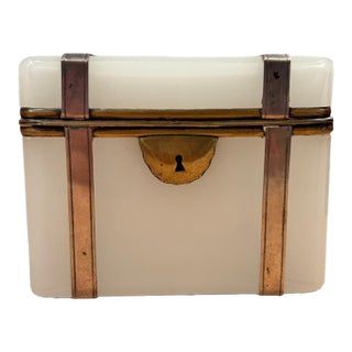 French Opaline Glass Box Mounted in Brass and Sterling Silver, Circa 1900 For Sale