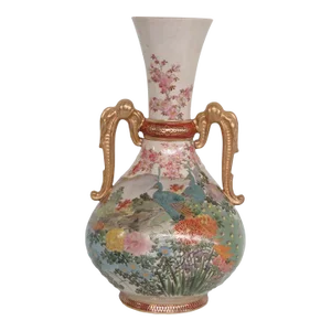 Lc Japan Porcelain Satsuma Style Peacock Floral Double Handle Vase