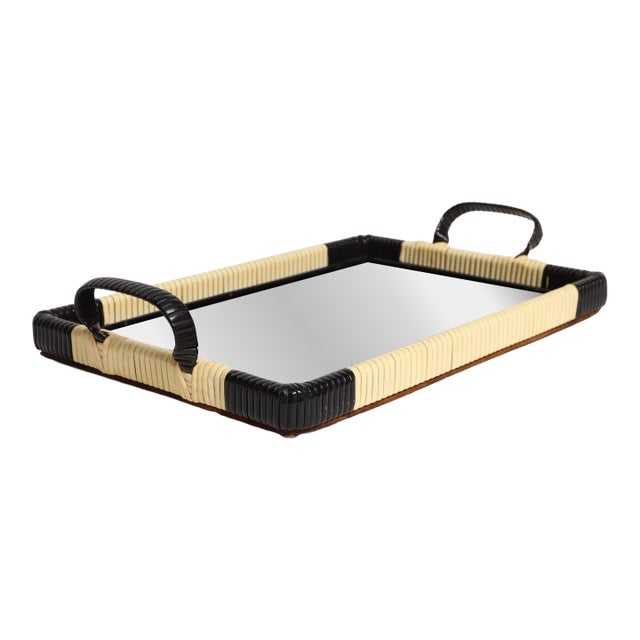 Art Deco Cream and Black Woven Rubber Vanity/Serving Tray With Glass Surface For Sale