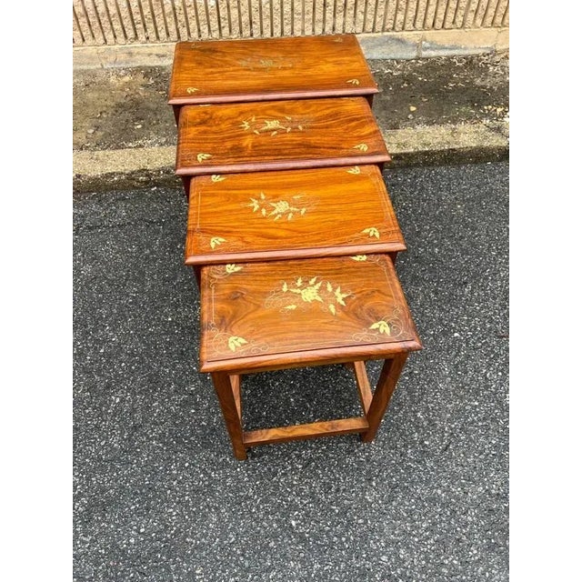 Wood Mid 20th Century Solid Teak Brass Marquetry Inlaid Nesting Tables - Set of 4 For Sale - Image 7 of 13