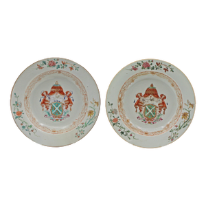Circa 1740 Chinese Porcelain Pair of Famille Rose Armorial Soup Plates
