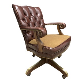 Vintage Scrolled Arm Tufted Leather Executive Chair by Kimball For Sale