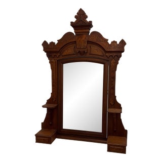 Victorian Eastlake-Style Carved Walnut Wall Mirror With Shelves & Storage Boxes For Sale