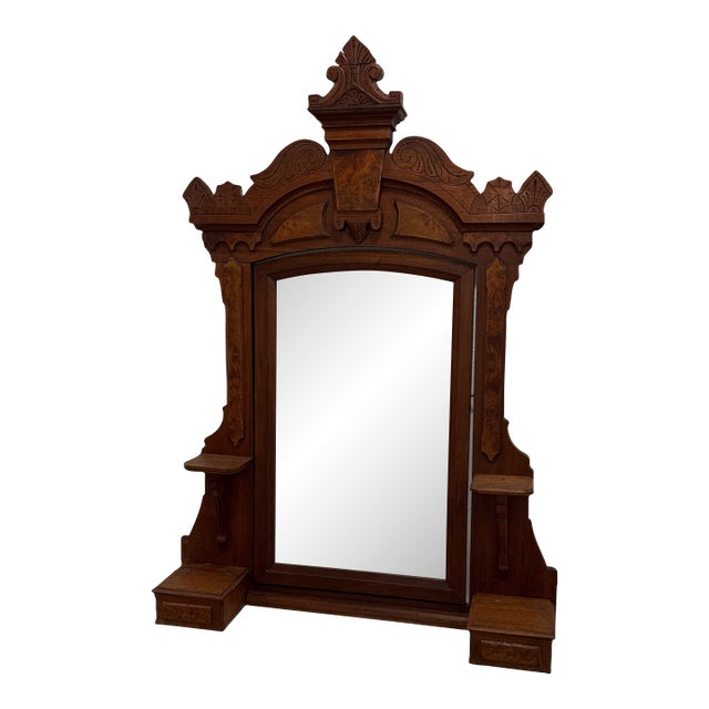 Victorian Eastlake-Style Carved Walnut Wall Mirror With Shelves & Storage Boxes For Sale