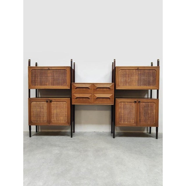 Brown Italian Midcentury Design Modular Teak Webbing Wall Unit Cabinet Wandkast, 1970s For Sale - Image 8 of 10