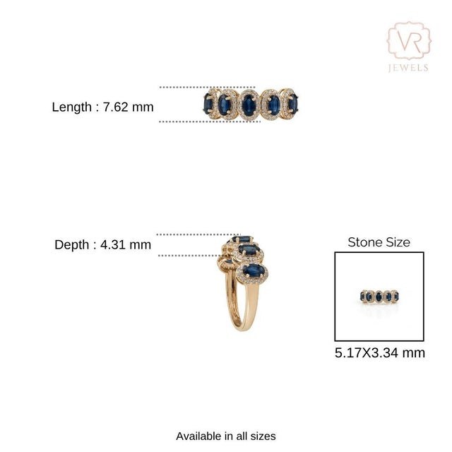 Modern Deep Blue Sapphire & Diamond Halo Half Eternity Ring Size 5.5 in 14k Gold For Sale - Image 10 of 15