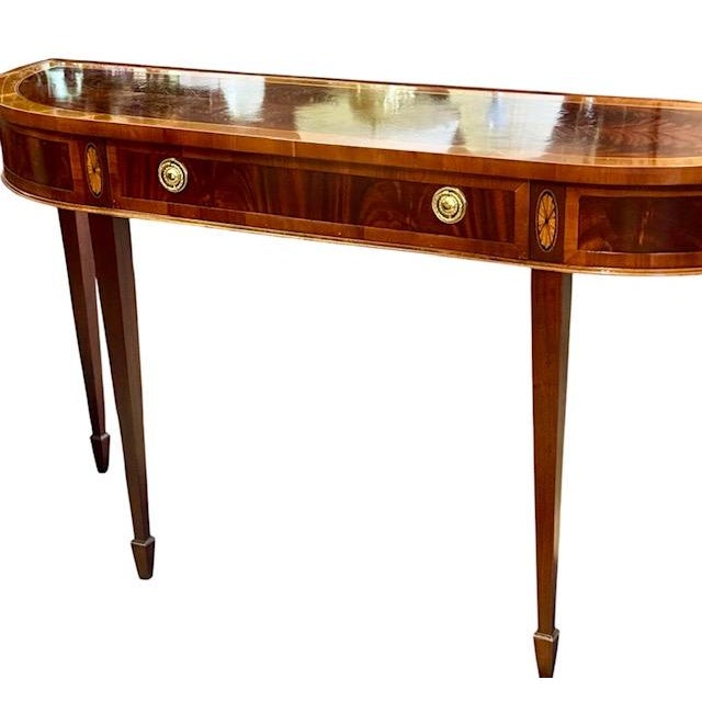 Beautiful Hekman Furniture Federal/Hepplewhite-style demilune console table crafted in mahogany with satinwood-style...