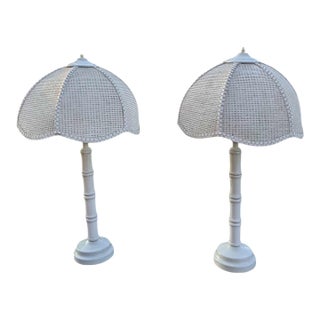Set of Two Vintage Faux, Bamboo, Rattan Head Shades Lamps Preppy Palm Beach Style For Sale
