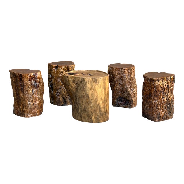 Set of 5 Raw Wood Rough Grain Finish Irregular Shape Short Stool Table For Sale