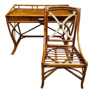 1960s Rattan Willow and Reed Desk With Chair Attributed toTommi Parzinger For Sale