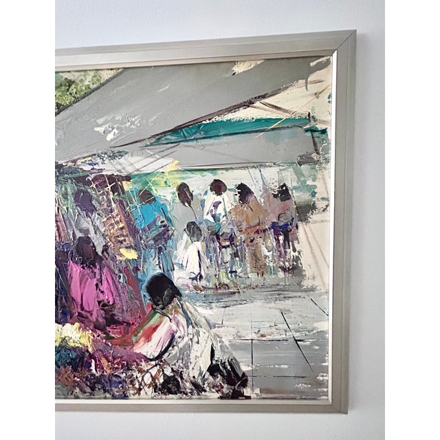 Mid 20th Century Large Mid 20th Century León Belaunzarán "El Mercado" Oil Painting in Custom Aluminum Frame For Sale - Image 5 of 7
