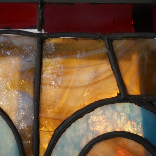 Arts & Crafts Leaded Slag & Jeweled Stained Glass Window with Stylized Owl, Circa 1920 For Sale - Image 4 of 12