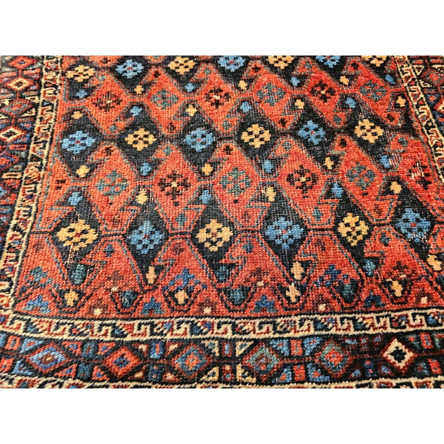 Red Vintage Persian Kurdish Saddlebag Bagface Tribal Rug, Hand-Knotted Wool, Geometric Pattern, Burgundy & Navy, 2x2 For Sale - Image 8 of 10