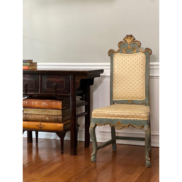 18th Century Hand Carved Italian Rococo Painted and Parcel Gilt Side Chair For Sale - Image 15 of 16