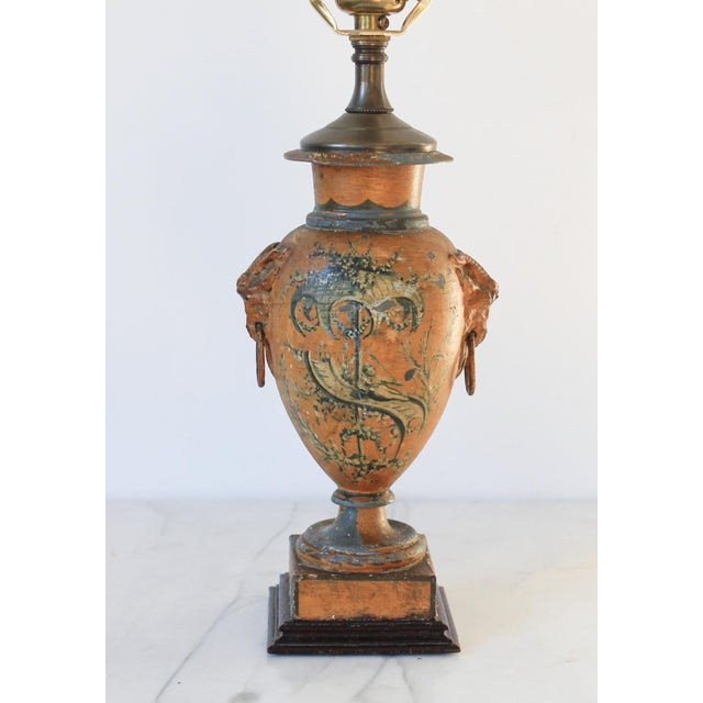 Vintage Asian Style Hand Painted Urn Shape Table Lamp W/ Goat Head Motif For Sale In Milwaukee - Image 6 of 18