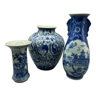 Vintage Chinese Qing Style Porcelain Blue & White Vases - Set of 3 For Sale