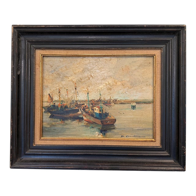 "Fishing Boats" Oil on Canvas, 20th Century For Sale