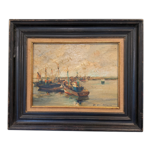 "Fishing Boats" Oil on Canvas, 20th Century