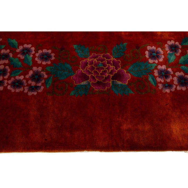 Red Red Antique Art Deco Handmade Chinese Floral Pattern Wool Rug For Sale - Image 8 of 11