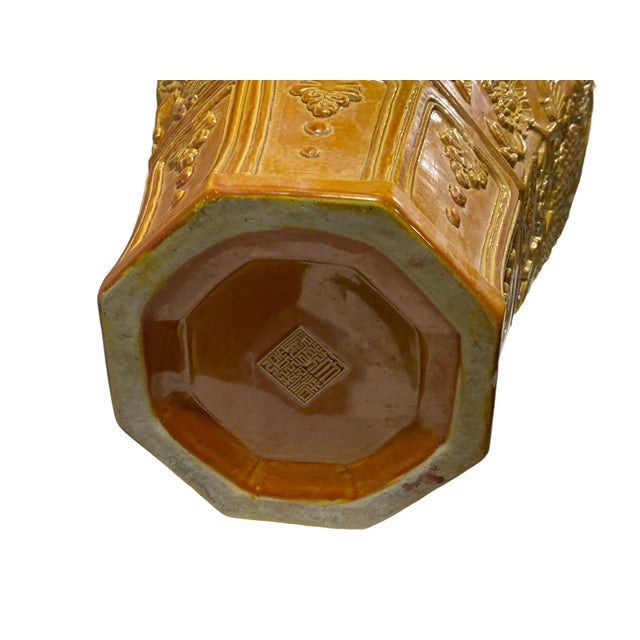 Lg Chinoiserie Octagonal Imperial Yellow Porcelain Famille Jaune Vase 21.5" H For Sale - Image 10 of 10
