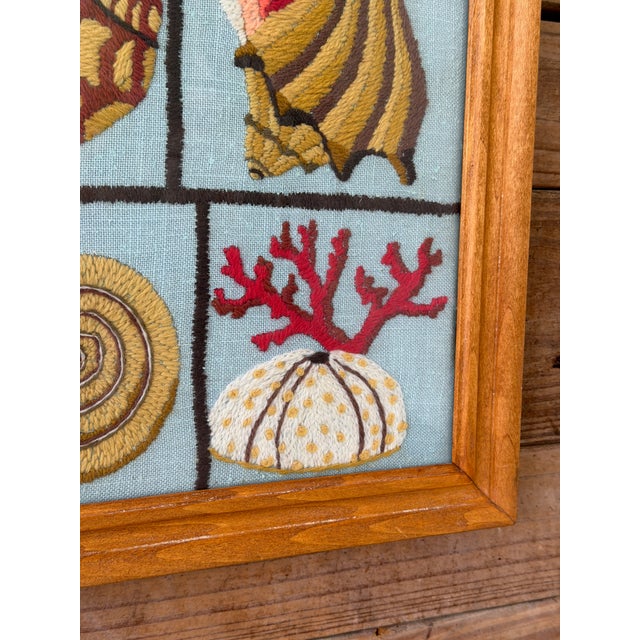 Nautical Vintage Coastal Needlepoint Seashell Textile Art in Wood Frame For Sale - Image 3 of 11