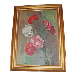 19th Century "Carnations" Floral Still Life Oil Painting on Canvas by Emilie Trautmann, Framed