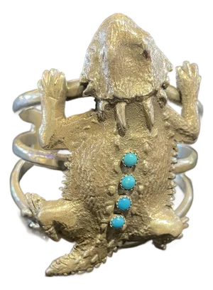 Navajo Robbie Mauelito Horned Toad Sterling Silver Cuff Inlaid Turquoise