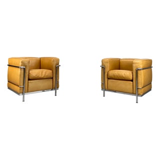 Set of LC2 Armchairs in Cognac-Colored Leather by Le Corbusier for Cassina, 1990s For Sale