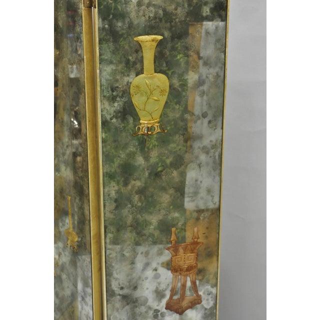 Antique Chinoiserie Oriental Eglomise Antiqued Mirror Glass 3 Panel Room Screen For Sale In Philadelphia - Image 6 of 18