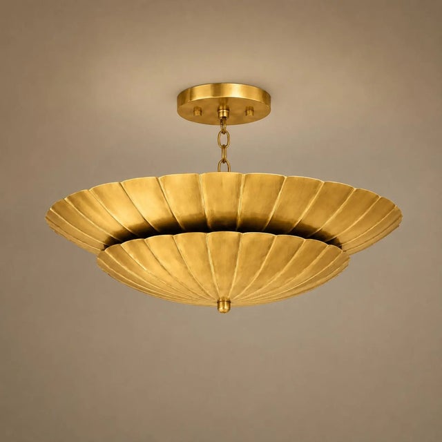 Handcrafted Antique Brass Shell Chandelier | Sculptural Scalloped Pendant Light | Art Deco Luxury Ceiling Fixture | Statement Lighting For Sale - Image 6 of 7