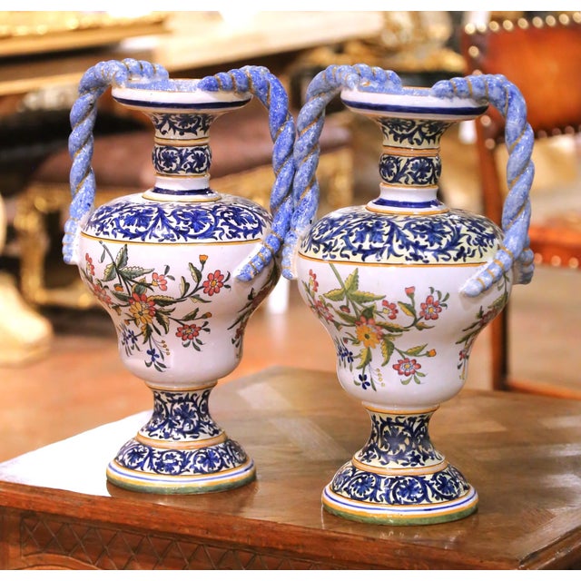 Large Pair of 19th Century French Desvres Faience Urns With Twisted Handles For Sale - Image 4 of 17