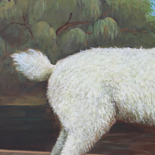 Vintage Oil Painting on Wood Panel – White Poodle in a Punt River Landscape For Sale - Image 4 of 8