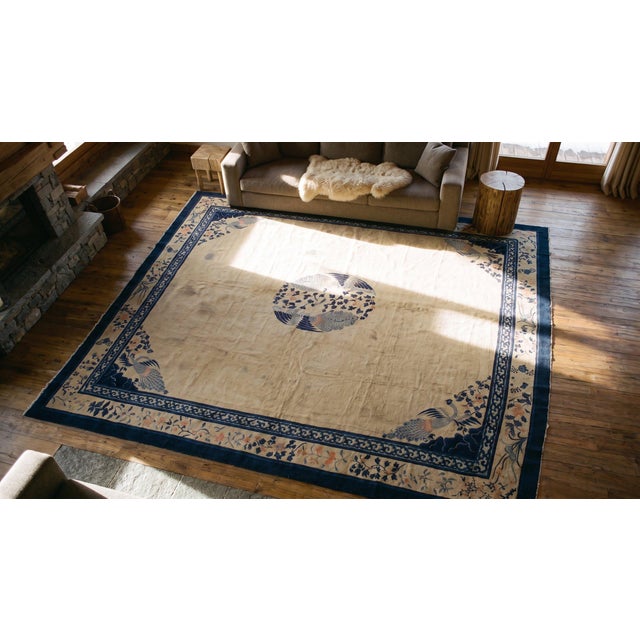 1890s Tan Beige Medallion Birds Antique Chinese Peking Rug 15'3'' X 17'4'' Knotted Wool Carpet For Sale - Image 11 of 11