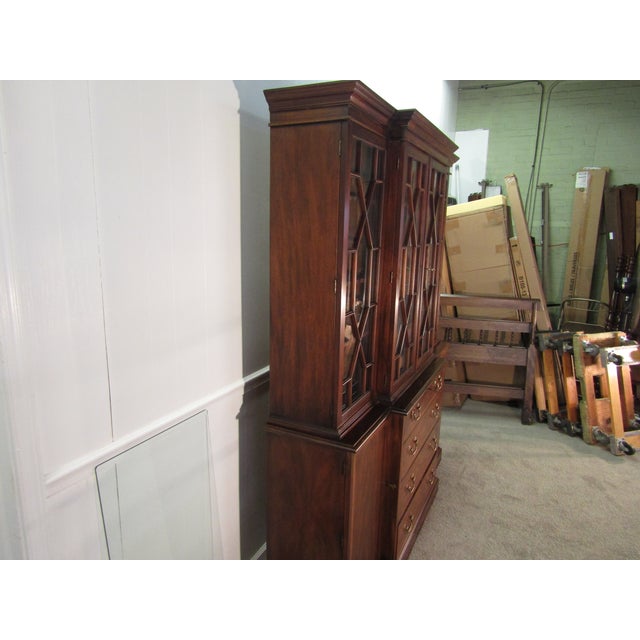 Item : Henkel Harris solid mahogany china cabinet. Age: 1969. Details: Two piece construcion, dovetailed drawers and...