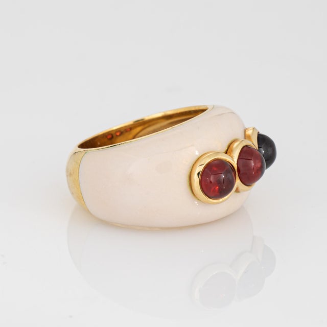 Contemporary Garnet Enamel Dome Ring Sz 6 Vintage 18k Yellow Gold Wide Band Estate Jewelry For Sale - Image 3 of 7
