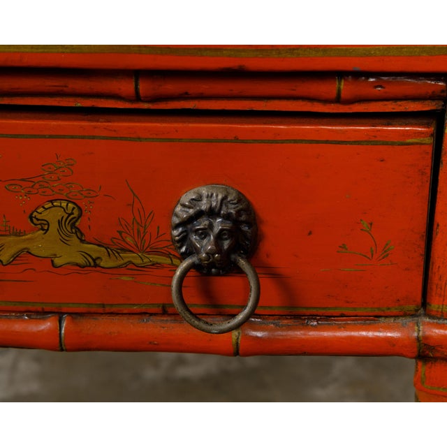 English Red Lacquer Faux Bamboo 19th Century Desk with Gilded Chinoiserie Décor For Sale - Image 12 of 12