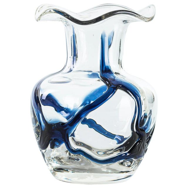 1960s Vintage Sinuous Vase in Glass with Blue Relief, Austria, 1950s For Sale - Image 5 of 5