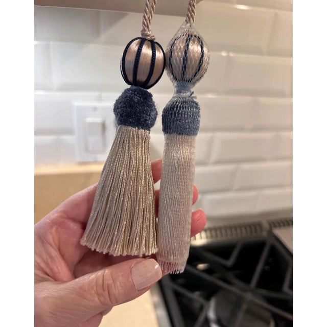 Petite Blue and White Beaded Key Tassel With Velvet Ruche For Sale - Image 11 of 15