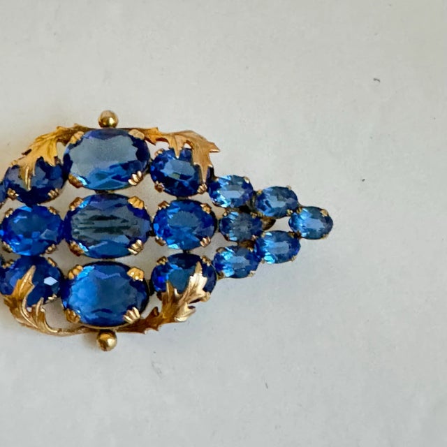 Mid 20th Century Vintage Blue Brooch Gold Plated Setting Czech Topaz Glass Austrian Crystal Pin Estate Piece For Sale - Image 5 of 11