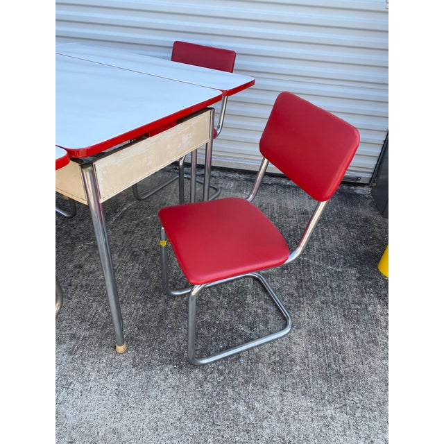1950s Vintage Enamel Top Table With Extensions and 4 Chairs Set of 5